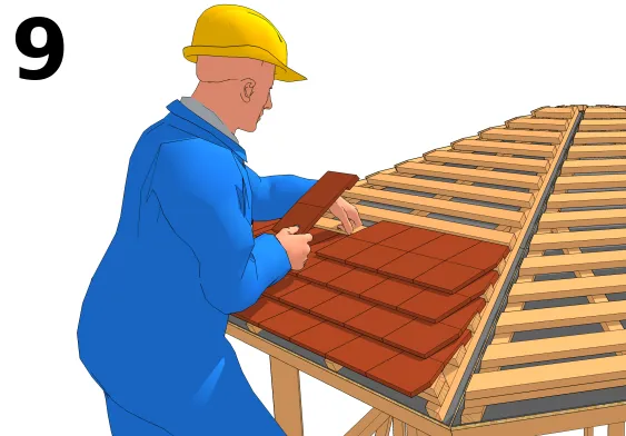 Verlegen der weiteren Dachziegelreihen