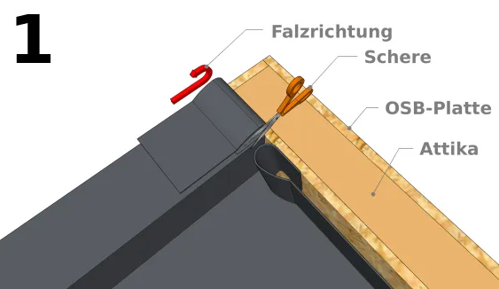Schneiden und falten Sie die Membran in den Ecken der Attika.